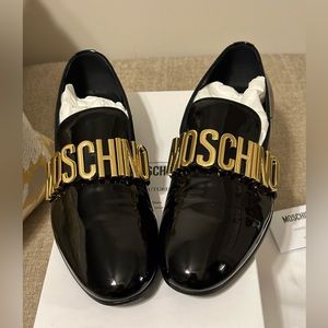 Authentic Moschino Patent Leather Metal Logo Loafers